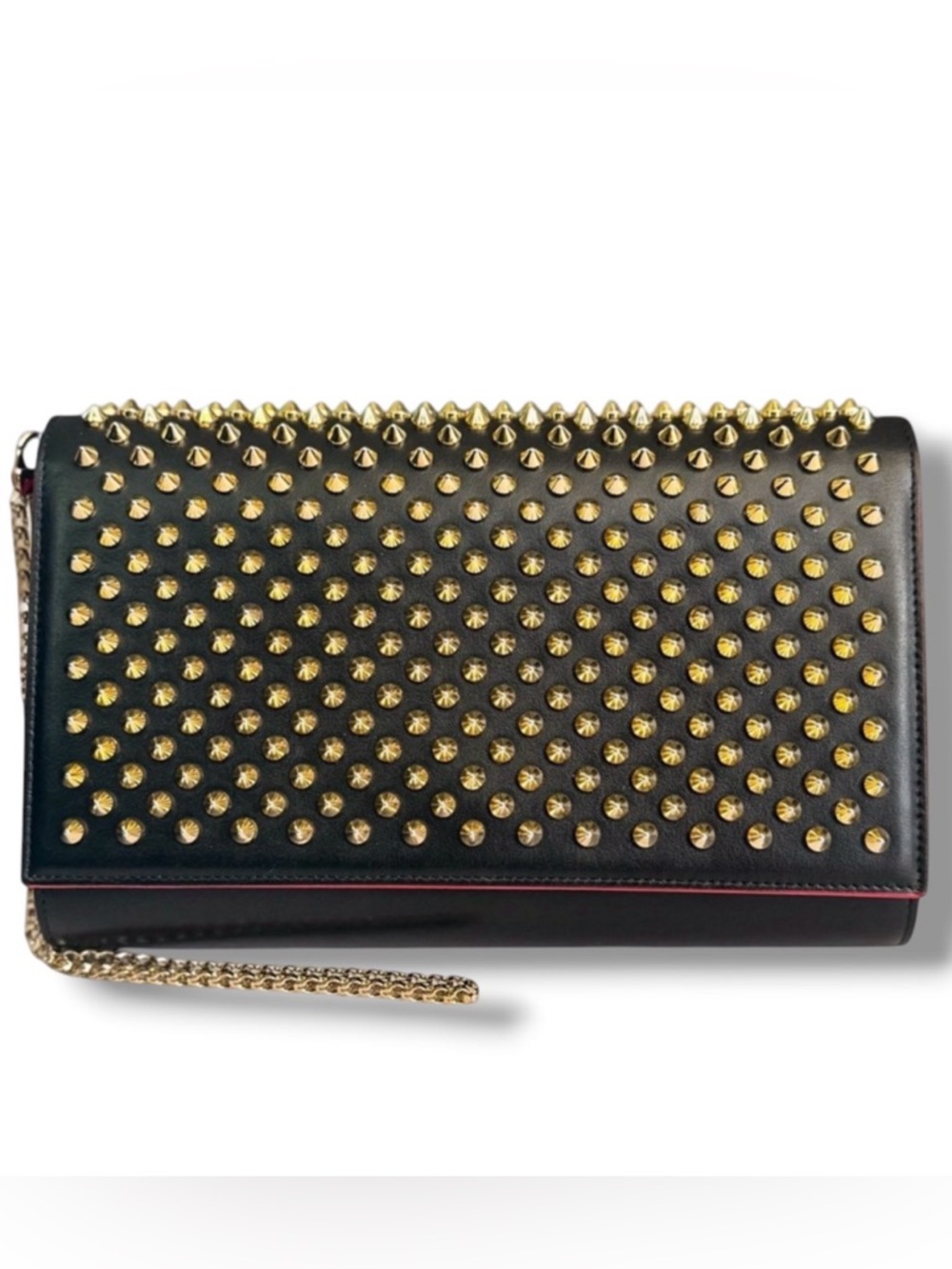 Christian Louboutin Paloma Clutch Black Calfskin Leopard Gold Spikes Crossbody